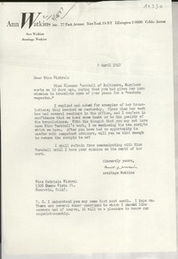 [Carta] 1947 Apr. 2, [New York, EE.UU.] [a] Gabriela Mistral, Monrovia, California