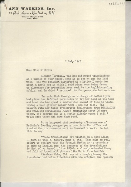 [Carta] 1947 July 2, [New York, EE.UU.] [a] Gabriela Mistral, Monrovia, California