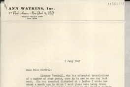 [Carta] 1947 July 2, [New York, EE.UU.] [a] Gabriela Mistral, Monrovia, California