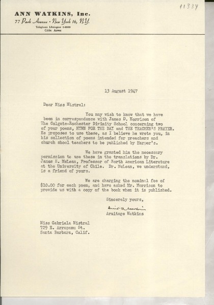 [Carta] 1947 Aug. 13, [New York, EE.UU.] [a] Gabriela Mistral, Santa Barbara, California