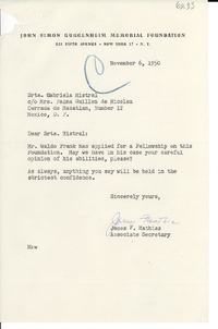 [Carta] 1950 Nov. 6, New York [a] Gabriela Mistral, México D.F.