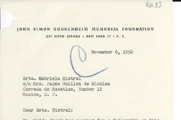 [Carta] 1950 Nov. 6, New York [a] Gabriela Mistral, México D.F.