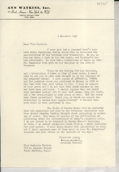 [Carta] 1947 Nov. 4, [New York, EE.UU.] [a] Gabriela Mistral, Santa Barbara, California