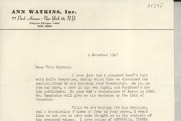 [Carta] 1947 Nov. 4, [New York, EE.UU.] [a] Gabriela Mistral, Santa Barbara, California