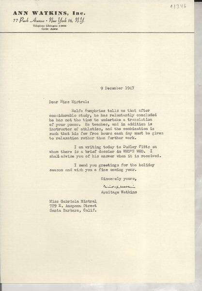 [Carta] 1947 Dec. 9, [New York, EE.UU.] [a] Gabriela Mistral, Santa Barbara, California
