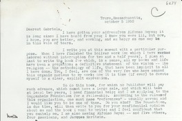 [Carta] 1945 Oct. 5, Truro, Massachusetts, [EE.UU.] [a] Gabriela [Mistral]