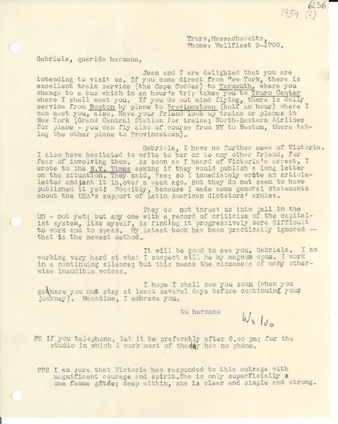 [Carta] 1954, Truro, Massachusetts [a] Gabriela Mistral