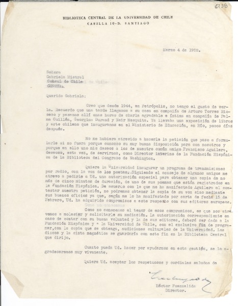 [Carta] 1952 mar. 4, Santiago [a] Gabriela Mistral, Génova