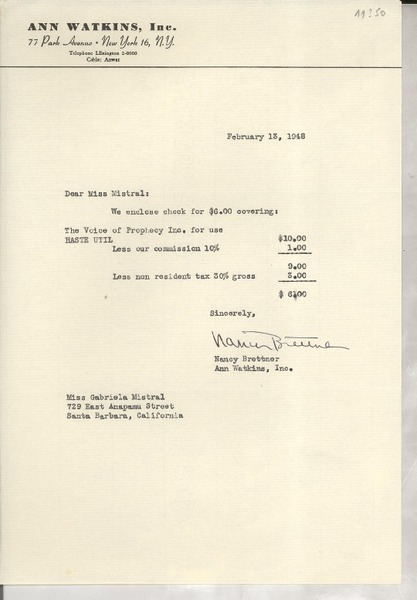 [Carta] 1948 Feb. 13, [New York] [a] Gabriela Mistral, Santa Barbara, California