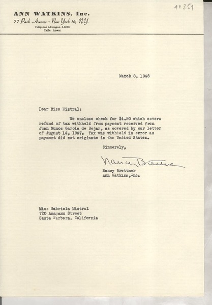 [Carta] 1948 Mar. 8, [New York] [a] Gabriela Mistral, Santa Barbara, California