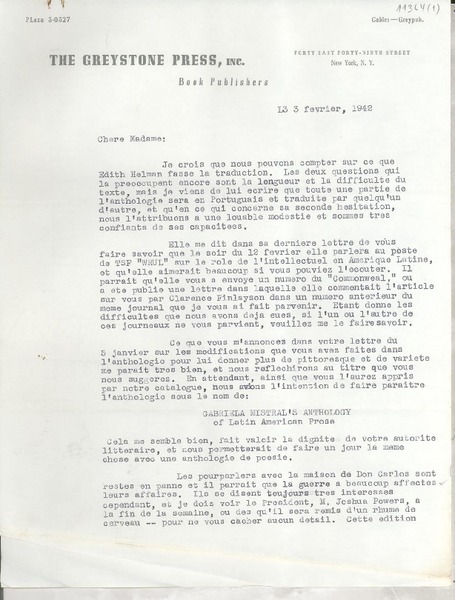[Carta] 1942 févr. 3, New York, [EE.UU.] [a] Gabriela Mistral, Petropolis, Brazil