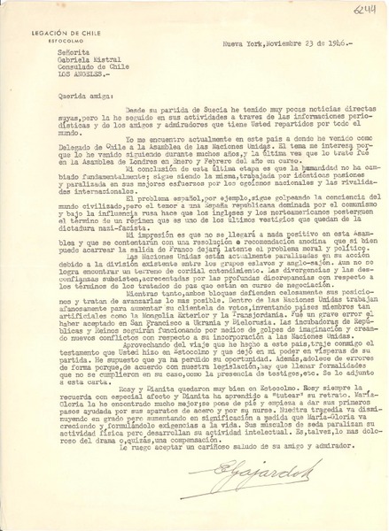 [Carta] 1946 nov. 23, Nueva York [a] Gabriela Mistral, Los Ángeles