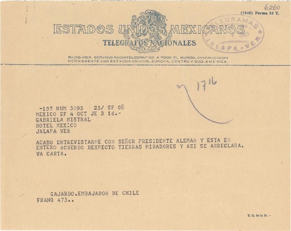 [Telegrama] 1949 oct. 4, México D.F. [a] Gabriela Mistral, Jalapa, Ver[acruz], [México]