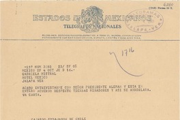 [Telegrama] 1949 oct. 4, México D.F. [a] Gabriela Mistral, Jalapa, Ver[acruz], [México]
