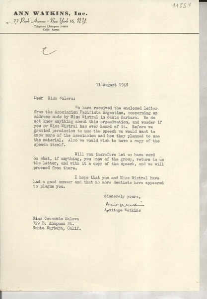 [Carta] 1948 Aug. 11, [New York, EE.UU.] [a] Consuelo Saleva, Santa Barbara, California