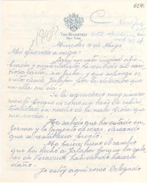 [Carta] 1948 mayo 4, Nueva York [a] Gabriela Mistral