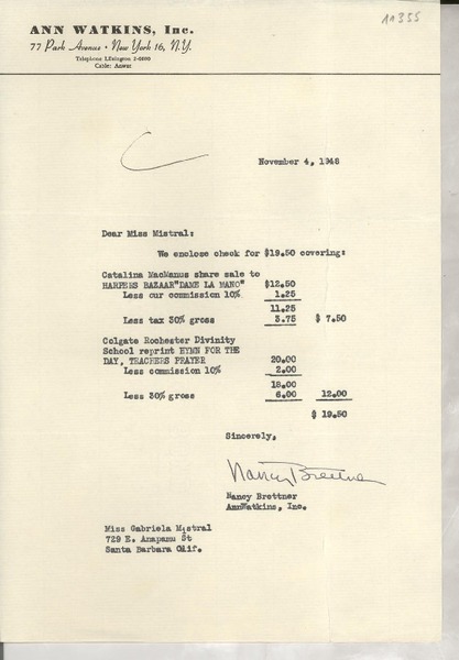 [Carta] 1948 Nov. 4, [New York] [a] Gabriela Mistral, Santa Barbara, California