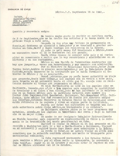 [Carta] 1948 sept. 13, México D. F. [a] Gabriela Mistral, Santa Bárbara, California