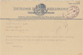 [Telegrama] 1950 ago. 9, México D.F. [a] Gabriela Mistral, Veracruz, [México]