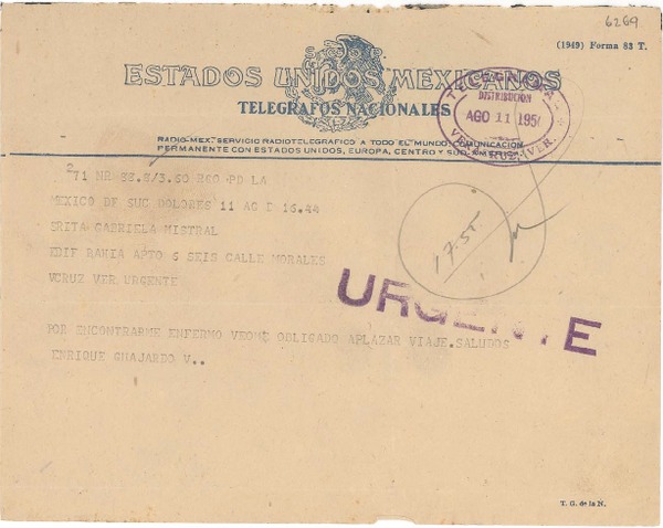 [Telegrama] 1950 ago. 11, México D.F. [a] Gabriela Mistral, Jalapa, [Veracruz, México]