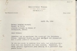 [Carta] 1944 Apr. 20, New York, [EE.UU.] [a] Gabriela Mistral, Petropolis, Brazil