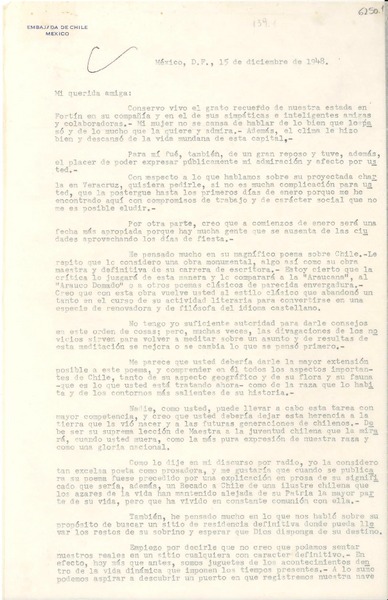 [Carta] 1948 dic. 15, México D. F. [a] Gabriela Mistral