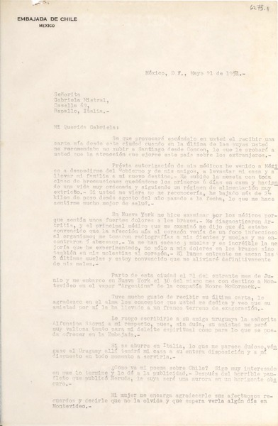 [Carta] 1951 mayo 21, México D.F. [a] Gabriela Mistral, Rapallo, Italia