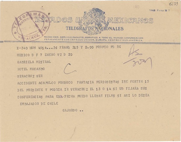 [Telegrama] 1949 ene. 7, México D.F. [a] Gabriela Mistral, Veracruz