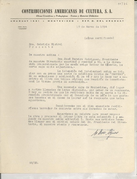 [Carta] 1954 mar. 19, Montevideo, Uruguay [a] Gabriela Mistral