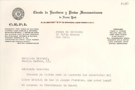 [Carta] [1955], New York [a] Gabriela Mistral, Roslyn Harbor, [Estados Unidos]
