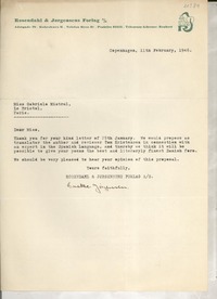 [Carta] 1946 Feb. 11, [Copenhague], [Dinamarca] [a] Gabriela Mistral, Paris, [France]