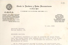 [Carta] 1955 oct. 11, New York [a] Gabriela Mistral, Roslyn Harbor, [Estados Unidos]
