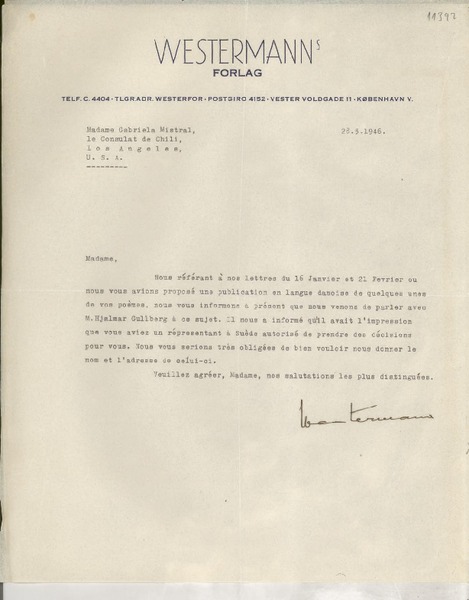 [Carta] 1946 mai 28, [Copenhague], [Dinamarca] [a] Gabriela Mistral, Los Angeles, EE.UU.