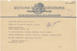 [Telegrama] 1949 ago. 27, México D.F. [a] Gabriela Mistral, Jalapa, Veracruz