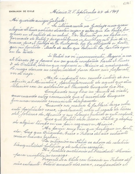 [Carta] 1949 sept. 24, México D.F. [a] Gabriela Mistral