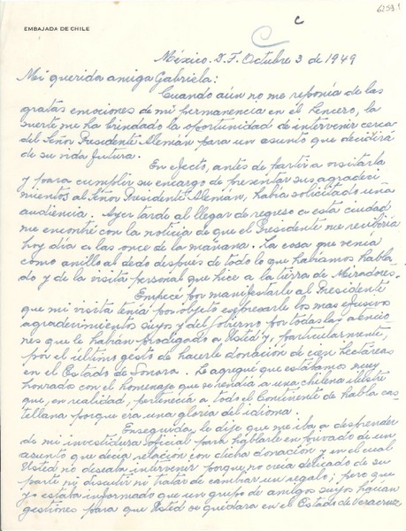 [Carta] 1949 oct. 3, México D.F. [a] Gabriela Mistral