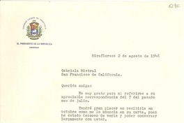 [Carta] 1948 ago. 2, Venezuela [a] Gabriela Mistral, San Francisco, California