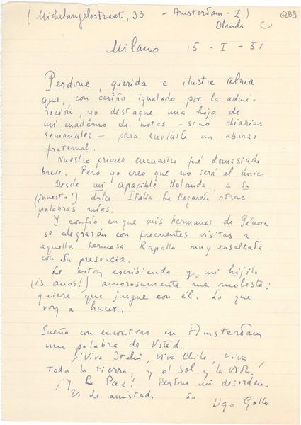 [Carta] 1951 ene. 15, Amsterdam, Holanda [a] Gabriela Mistral, Milán.