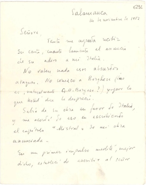 [Carta] 1952 nov. 14, Salamanca, [España] [a] Gabriela Mistral