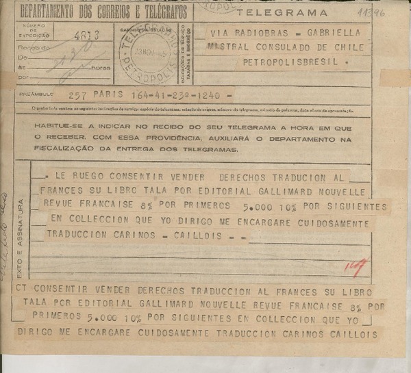 [Telegrama] 1945 nov. 23, Paris [a] Gabriela Mistral, Petrópolis, [Brasil]
