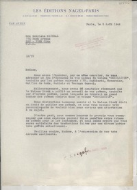 [Carta] 1946 août 5, Paris, [France] [a] Gabriela Mistral, New York, EE.UU.