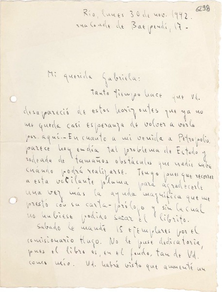 [Carta] 1942 nov. 30, Río de Janeiro [a] Gabriela Mistral