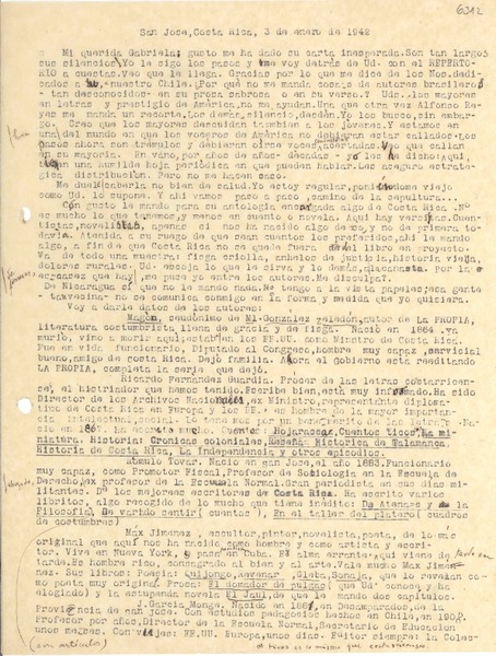 [Carta] 1942 ene. 3, San José, Costa Rica [a] Gabriela [Mistral]
