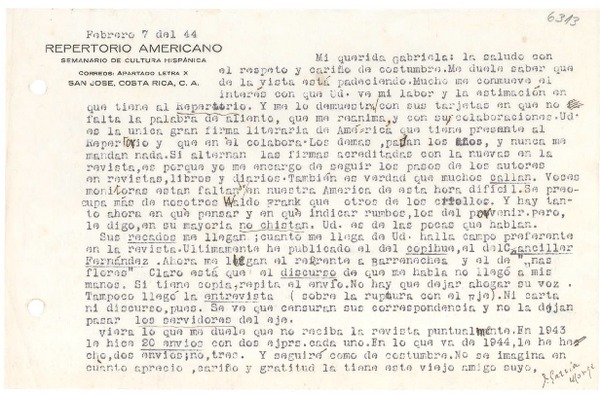 [Carta] 1944 feb. 7, San José, Costa Rica [a] Gabriela [Mistral]