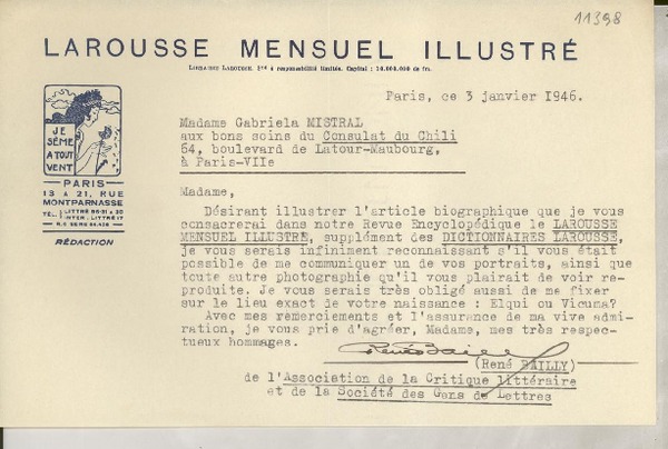 [Carta] 1946 janv. 21, París [a] Gabriela Mistral, París
