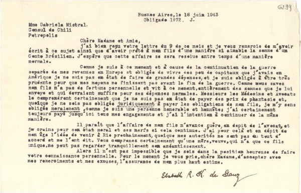 [Carta] 1943 jun. 18, Buenos Aires [a] Gabriela Mistral, Petrópolis