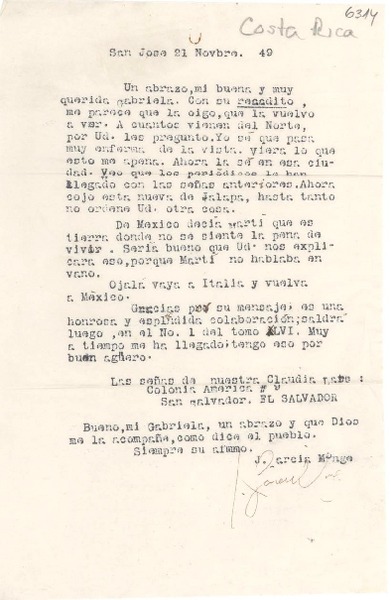 [Carta] 1949 nov. 21, San José, [Costa Rica] [a] Gabriela [Mistral]