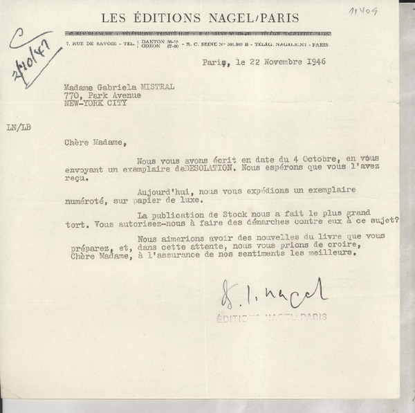 [Carta] 1946 nov. 22, Paris, [France] [a] Gabriela Mistral, New York, [EE.UU.]