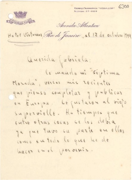 [Carta] 1944 oct. 12, Río de Janeiro [a] Gabriela Mistral