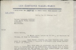 [Carta] 1947 févr. 25, Paris, [France] [a] Gabriela Mistral, Mourovia, Californie, [EE.UU.]